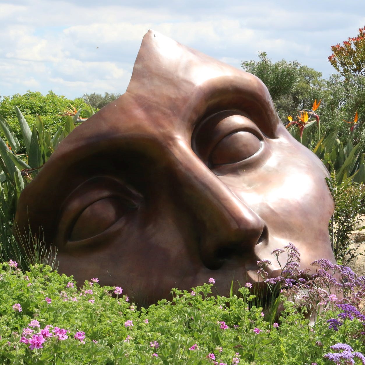 Duża metalowa maska wsrod kwiatów