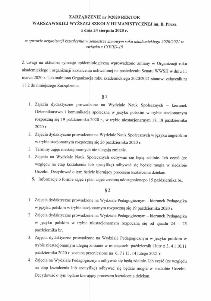 Zarządzenie Rektor_Organizacja roku akad.20_21_24.08.2020-1